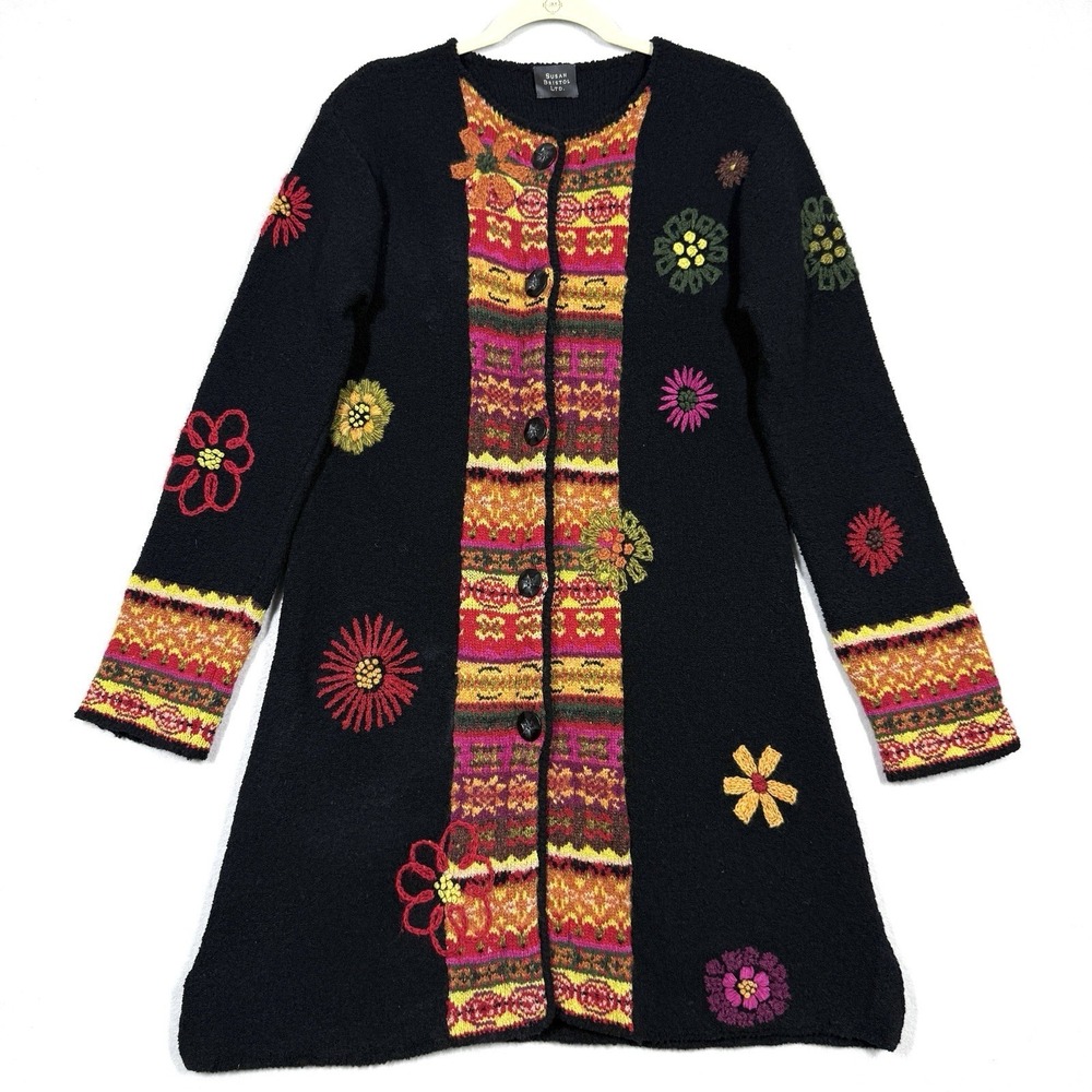 Vintage Susan Bristol Sweater S Long Cardigan Wool Embroidered Floral Fair Isle